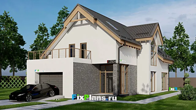 Проект дома с мансардой 11 на 19, площадью 240 м² с террасой, балконом, гаражом на 1 машину и 3 спальнями