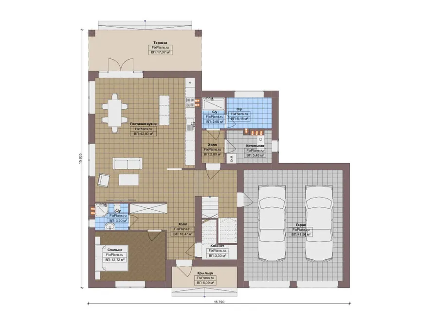 Проект двухэтажного дома 16 на 16, площадью 280 м² с террасой, балконом, гаражом на 2 машины и 4 спальнями — 1-й этаж