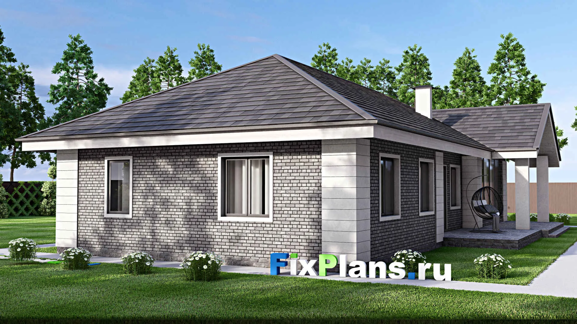 F-16136 - Проект одноэтажного дома 16 на 20, площадью 210 м² с террасой, гаражом на 1 машину и 3 спальнями