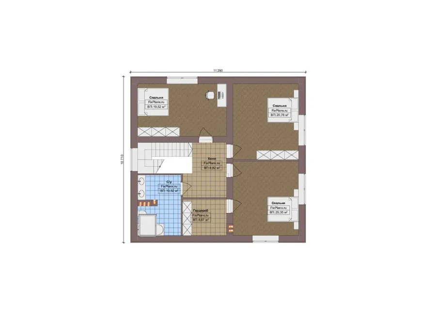 Проект дома с мансардой 16 на 17, площадью 280 м² с террасой, гаражом на 1 машину и 4 спальнями — 2-й этаж