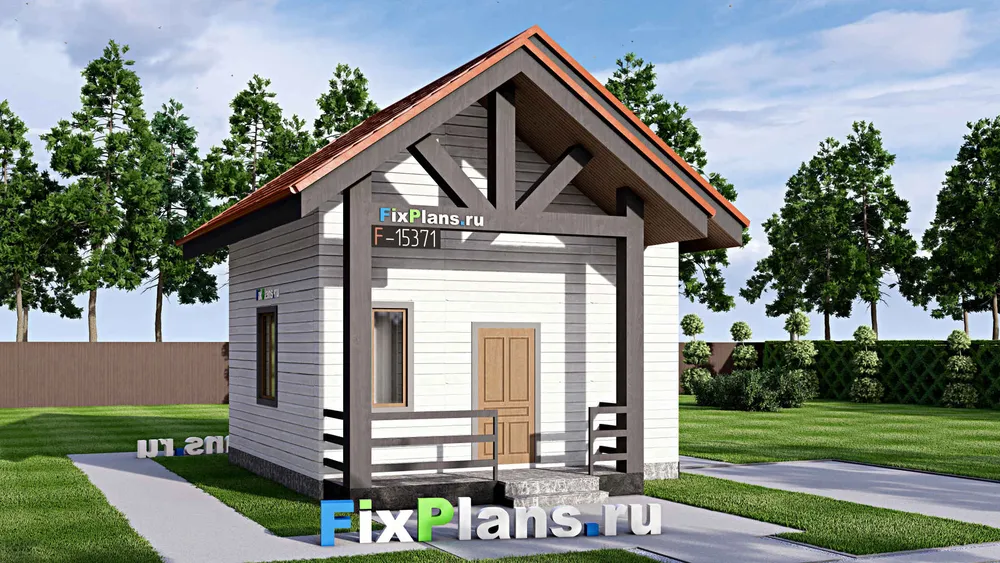 Проект бани 7 на 8, площадью 50 м² с комнатой отдыха, мансардой, санузлом и спальней — фасад 1