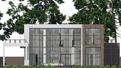 Проект двухэтажного дома 21 на 22, площадью 450 м² с террасой, баней, гаражом на 2 машины и 3 спальнями — фасад 3