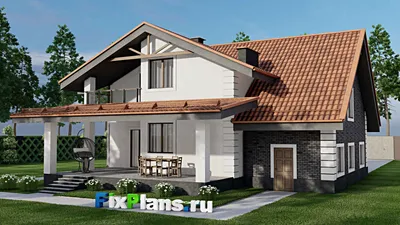 Проект дома с мансардой 14 на 16, площадью 250 м² с террасой, балконом, гаражом на 1 машину, спортзалом и 4 спальнями — фасад 2