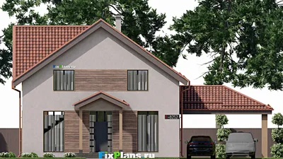 Проект дома с мансардой 11 на 11, площадью 250 м² с террасой, навесом для машины и 5 спальнями — фасад 3