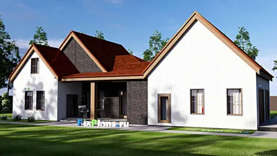 Проект дома с мансардой 15 на 23, площадью 260 м² с террасой, гаражом на 2 машины и 3 спальнями — фасад 2