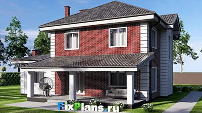 Проект двухэтажного дома 15 на 15, площадью 210 м² с террасой, гаражом на 1 машину и 4 спальнями — фасад 2
