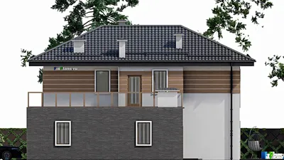Проект двухэтажного дома 14 на 18, площадью 270 м² с террасой, балконом, гаражом на 1 машину и 4 спальнями — фасад 5