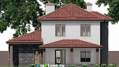 Проект двухэтажного дома 15 на 16, площадью 200 м² с террасой, гаражом на 1 машину и 4 спальнями — фасад 6
