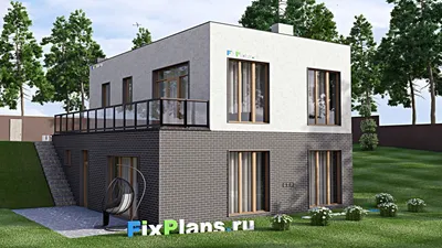 Проект одноэтажного дома 10 на 14, площадью 210 м² с террасой, цокольным этажом, баней и 2 спальнями — фасад 2
