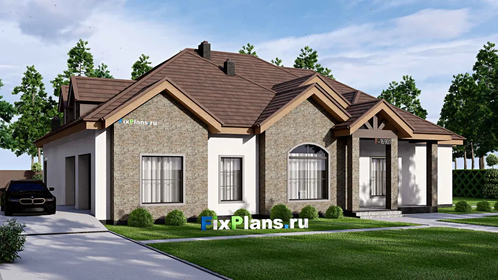 Проект одноэтажного дома 19 на 23, площадью 450 м² с террасой, гаражом на 2 машины и 4 спальнями — фасад 1