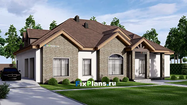 Проект одноэтажного дома 19 на 23, площадью 450 м² с террасой, гаражом на 2 машины и 4 спальнями