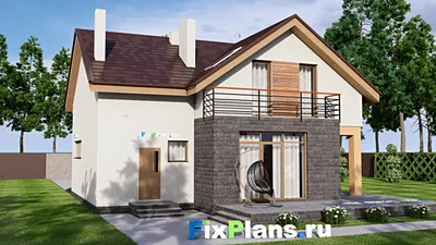 Проект дома с мансардой 13 на 16, площадью 240 м² с террасой, балконом, гаражом на 1 машину и 3 спальнями — фасад 2
