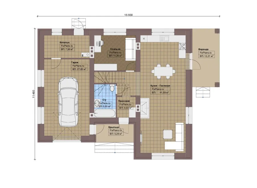 Проект дома с мансардой 12 на 16, площадью 190 м² с террасой, балконом, гаражом на 1 машину и 4 спальнями — 1-й этаж