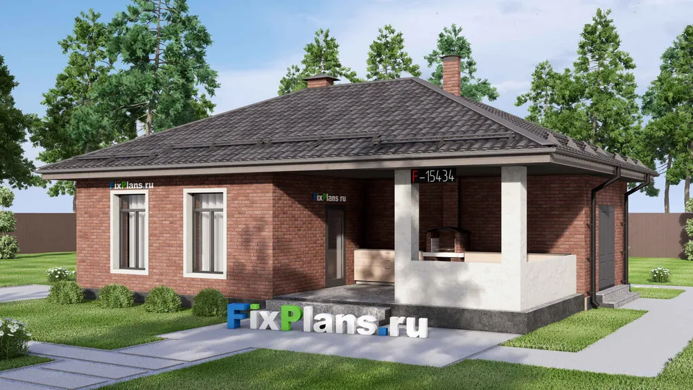 Проект бани 9 на 13, площадью 90 м² с комнатой отдыха, терассой и санузлом — фасад 1