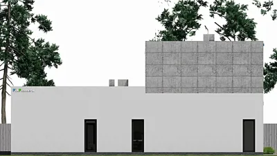 Проект двухэтажного дома 19 на 21, площадью 550 м² с террасой, балконом, баней, бассейном, спортзалом и 4 спальнями — фасад 5