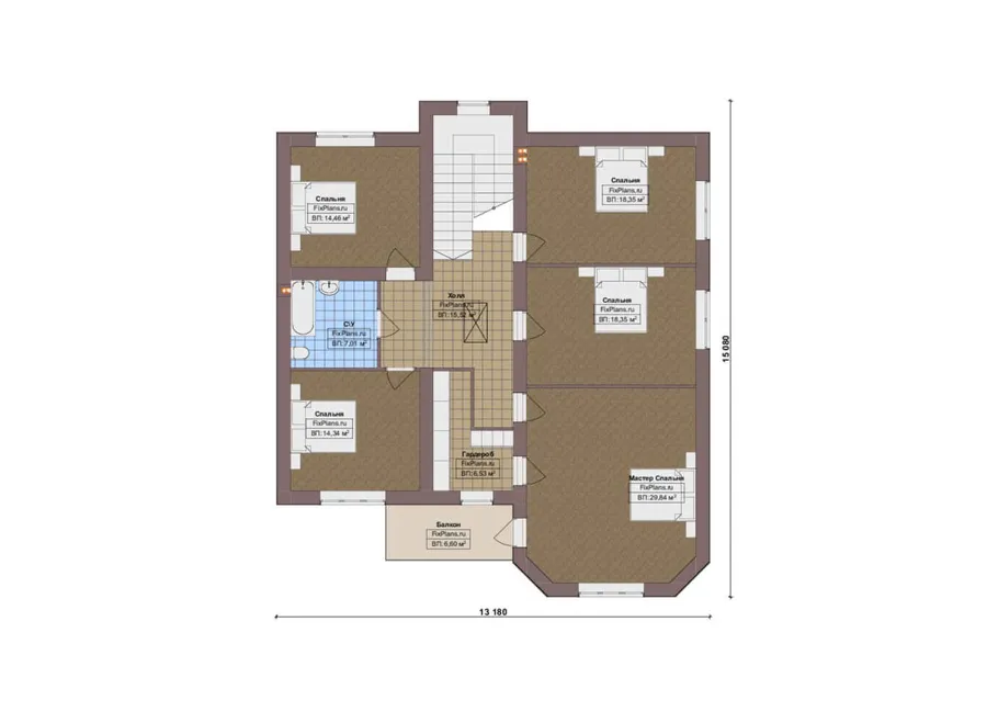 Проект двухэтажного дома 19 на 20, площадью 360 м² с террасой, балконом, гаражом на 1 машину и 5 спальнями — 2-й этаж