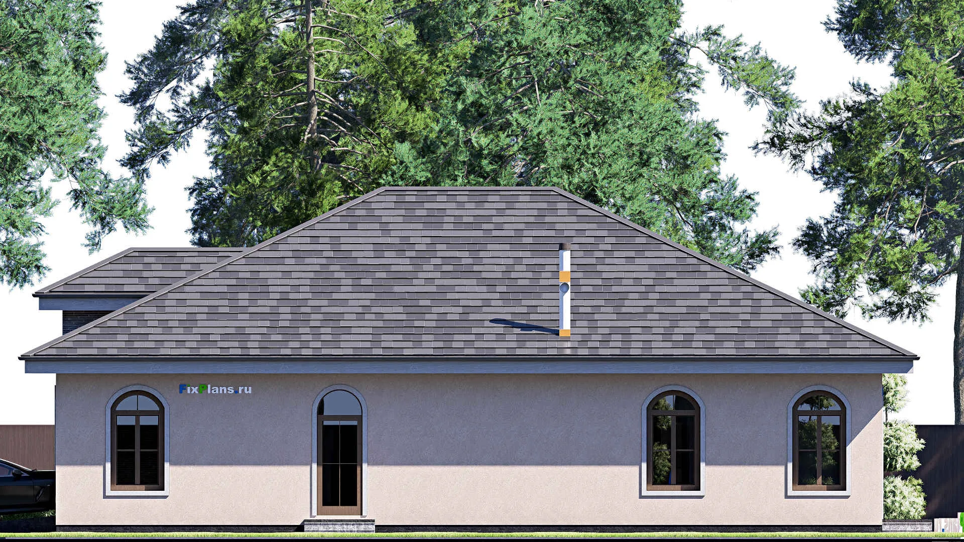 F-19745 - Проект одноэтажного дома 14 на 19, площадью 200 м² с гаражом на 2 машины и 3 спальнями