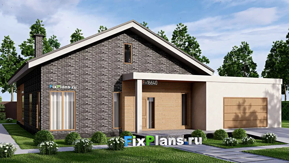 Проект дома с мансардой 17 на 20, площадью 340 м² с террасой, гаражом на 2 машины и 5 спальнями — фасад 1