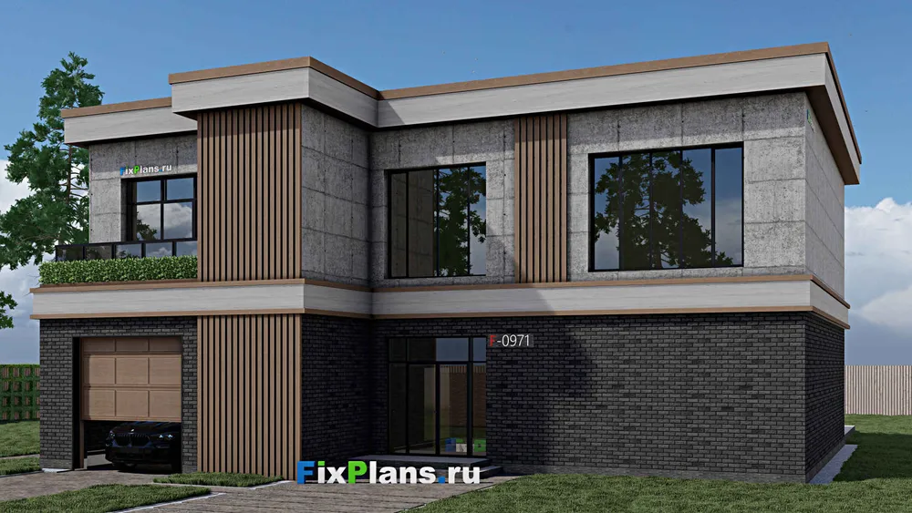 Проект двухэтажного дома 17 на 18, площадью 400 м² с террасой, балконом, гаражом на 2 машины и 4 спальнями — фасад 1