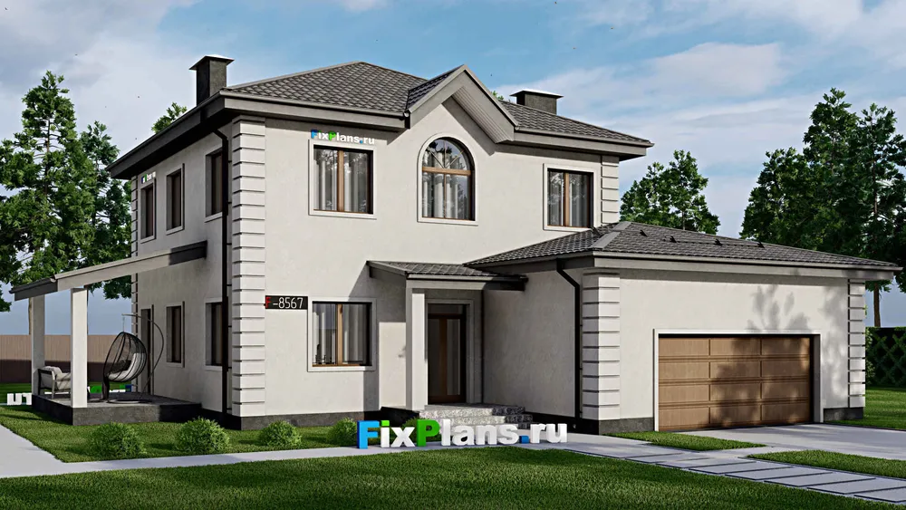 Проект двухэтажного дома 15 на 17, площадью 220 м² с террасой, гаражом на 2 машины и 4 спальнями — фасад 1