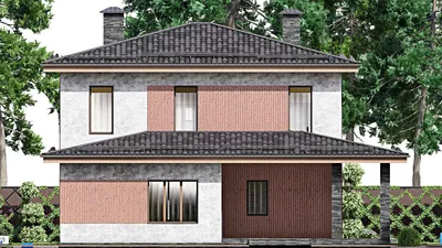 Проект двухэтажного дома 14 на 19, площадью 260 м² с террасой, баней и 4 спальнями — фасад 4