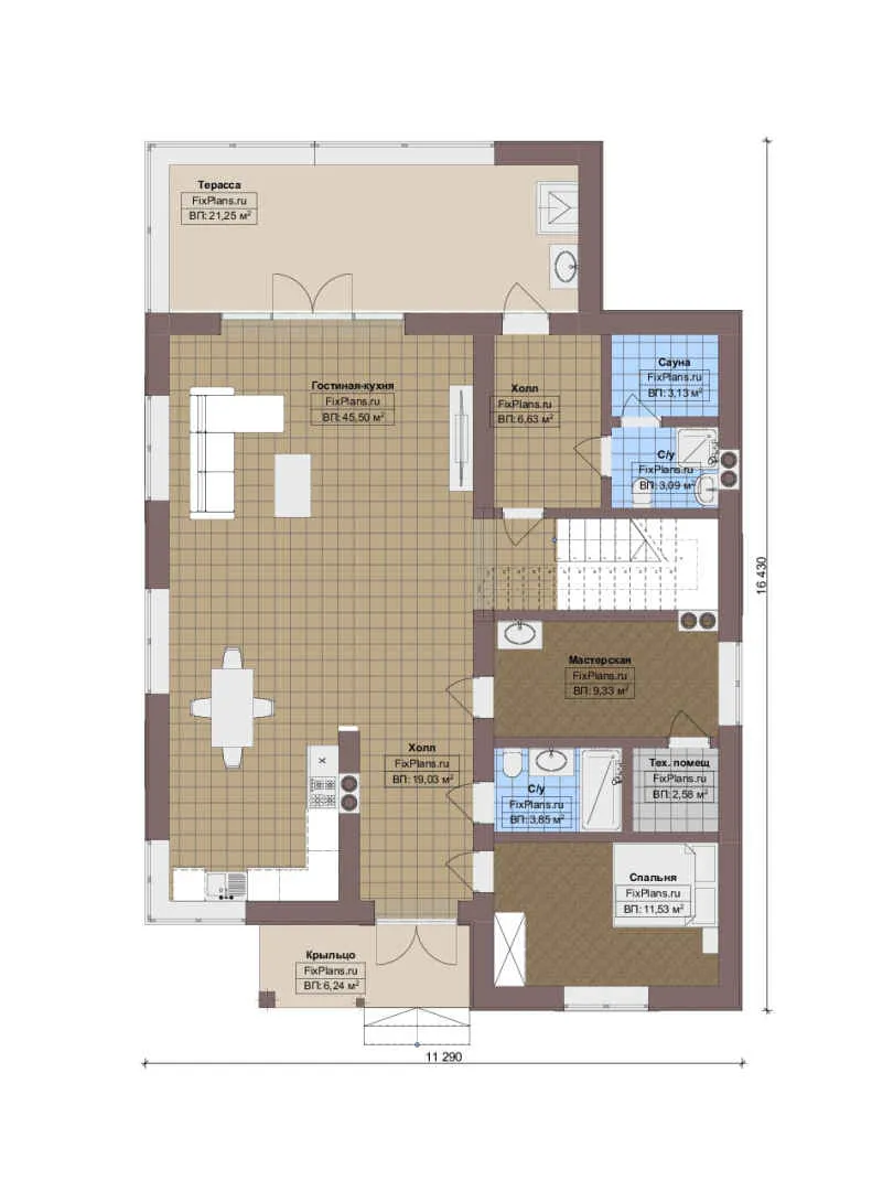 Проект двухэтажного дома 12 на 17, площадью 230 м² с террасой, баней и 4 спальнями — 1-й этаж