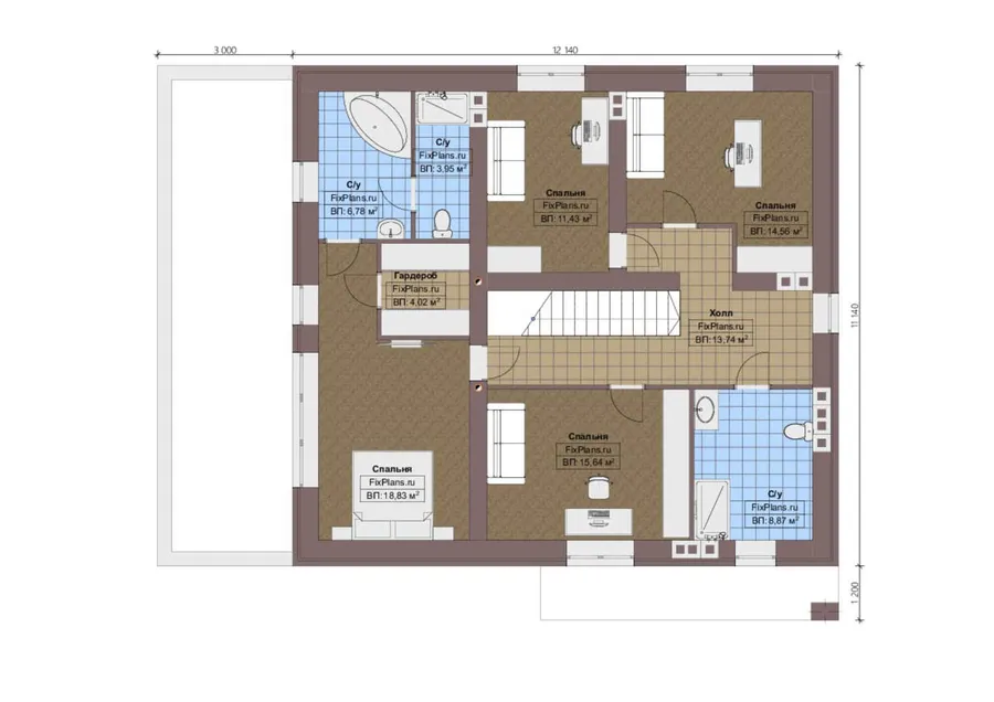 Проект двухэтажного дома 12 на 13, площадью 250 м² с террасой, баней и 5 спальнями — 2-й этаж