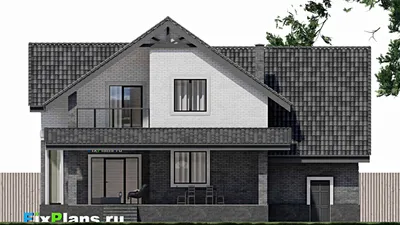 Проект дома с мансардой 12 на 15, площадью 330 м² с террасой, балконом, цокольным этажом, гаражом на 1 машину, спортзалом и 4 спальнями — фасад 3