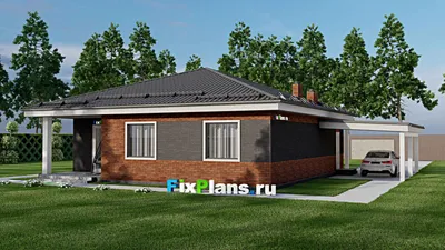Проект одноэтажного дома 12 на 12, площадью 150 м² с террасой, баней и 2 спальнями — фасад 2