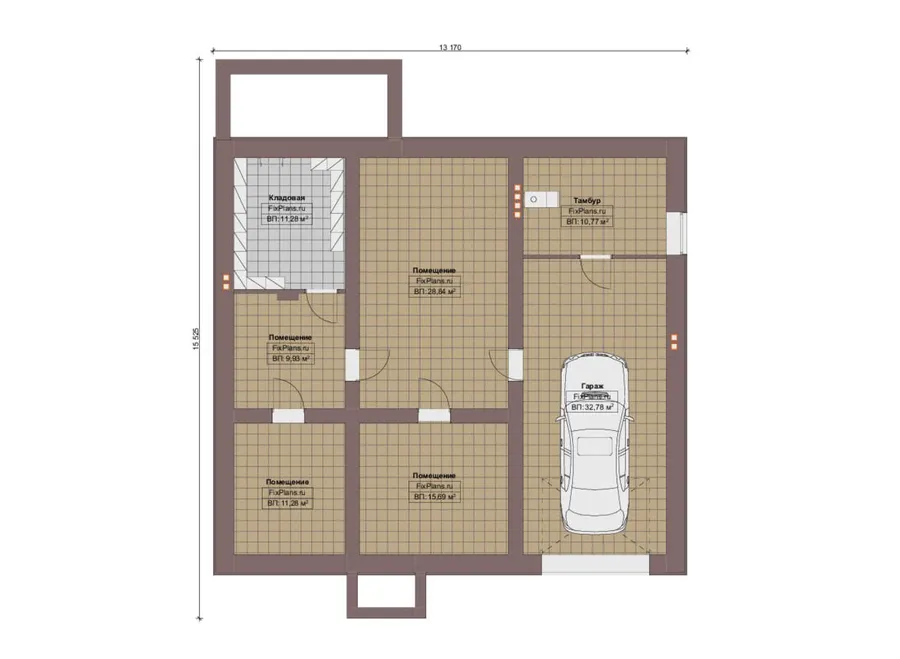 Проект двухэтажного дома 13 на 16, площадью 260 м² с террасой, цокольным этажом, гаражом на 1 машину и 3 спальнями — 1-й этаж