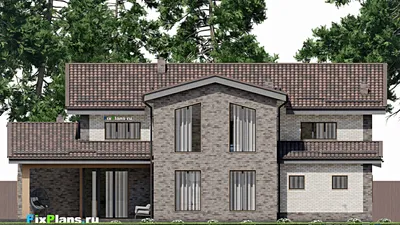 Проект дома с мансардой 20 на 20, площадью 390 м² с террасой, гаражом на 2 машины и 3 спальнями — фасад 6