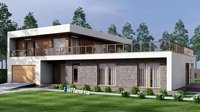 Проект двухэтажного дома 25 на 26, площадью 850 м² с террасой, балконом, гаражом на 2 машины и 5 спальнями