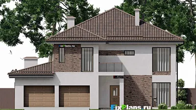 Проект двухэтажного дома 16 на 17, площадью 300 м² с террасой, балконом, баней, гаражом на 2 машины и 5 спальнями — фасад 3