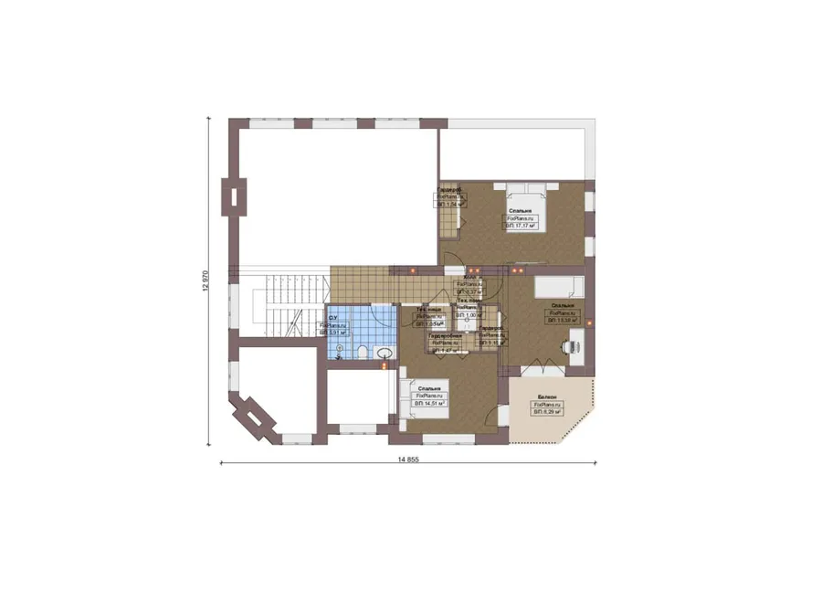 Проект двухэтажного дома 16 на 21, площадью 280 м² с террасой, балконом, гаражом на 2 машины и 4 спальнями — 2-й этаж