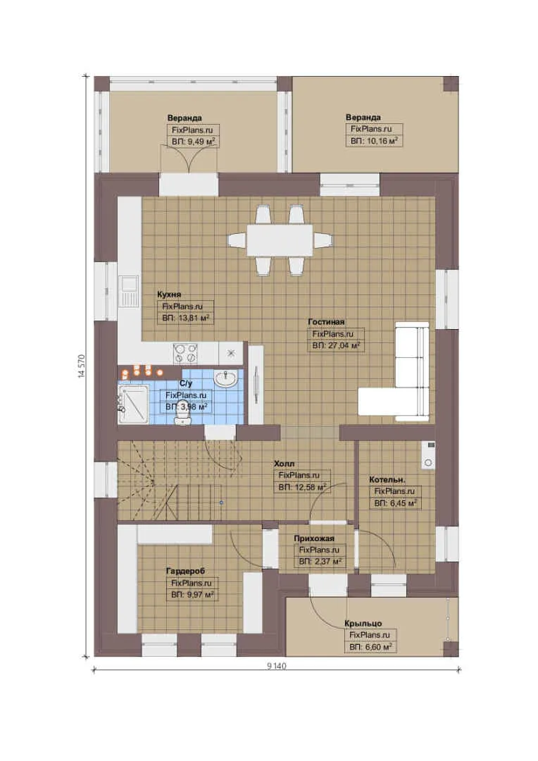 Проект двухэтажного дома 10 на 15, площадью 180 м² с террасой, балконом и 3 спальнями — 1-й этаж