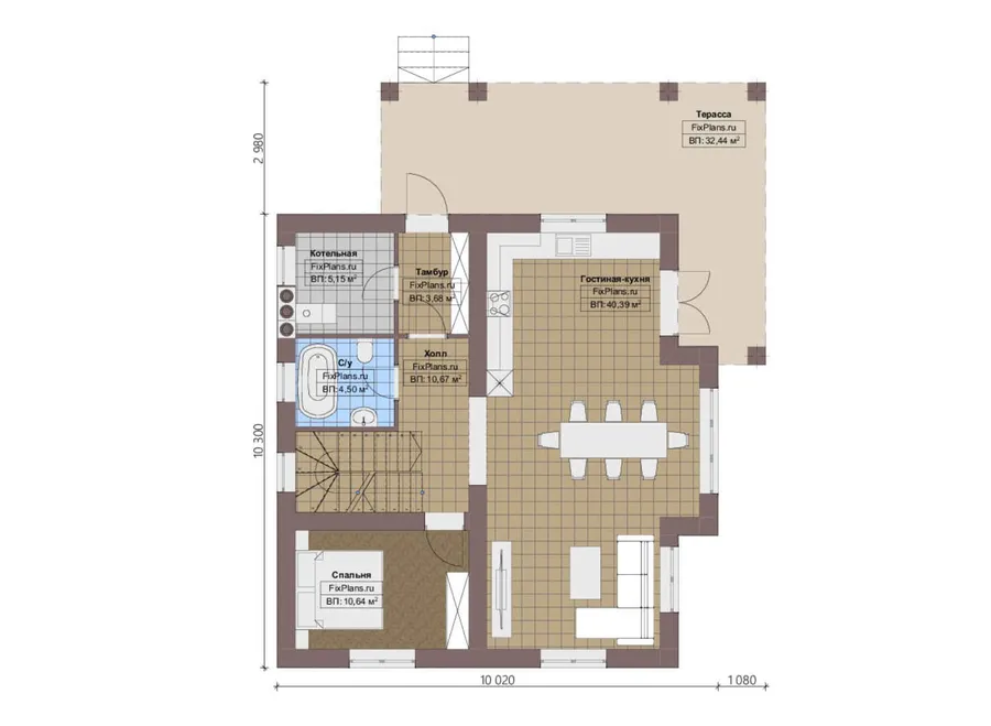 Проект двухэтажного дома 11 на 11, площадью 180 м² с террасой и 4 спальнями — 1-й этаж