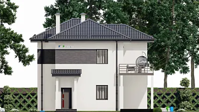 Проект двухэтажного дома 12 на 12, площадью 200 м² с террасой, балконом и 4 спальнями — фасад 4