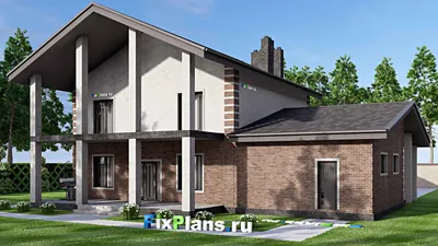Проект двухэтажного дома 16 на 17, площадью 330 м² с террасой, балконом, гаражом на 2 машины и 4 спальнями — фасад 2