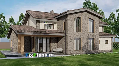 Проект дома с мансардой 20 на 20, площадью 390 м² с террасой, гаражом на 2 машины и 3 спальнями — фасад 2