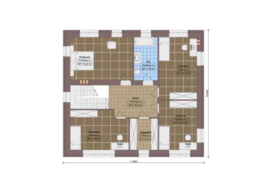 Проект двухэтажного дома 12 на 21, площадью 260 м² с террасой, гаражом на 2 машины и 5 спальнями — 2-й этаж