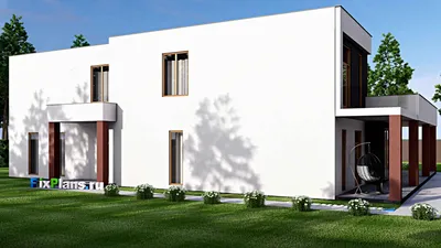 Проект двухэтажного дома 19 на 24, площадью 480 м² с террасой, балконом, гаражом на 2 машины и 3 спальнями — фасад 2