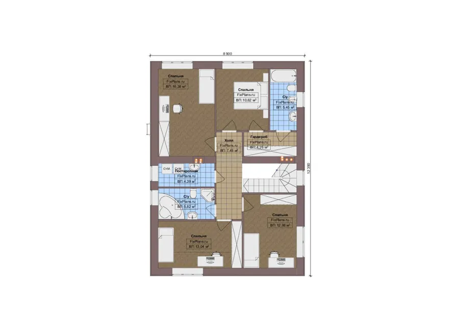 Проект двухэтажного дома 12 на 16, площадью 220 м² с террасой, гаражом на 1 машину и 4 спальнями — 2-й этаж