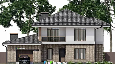 Проект двухэтажного дома 15 на 17, площадью 250 м² с террасой, балконом, гаражом на 2 машины и 4 спальнями — фасад 3