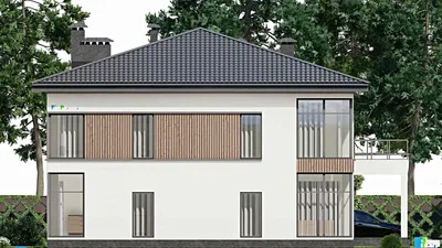 Проект двухэтажного дома 15 на 20, площадью 460 м² с балконом, гаражом на 1 машину, спортзалом и 1 спальнями — фасад 4