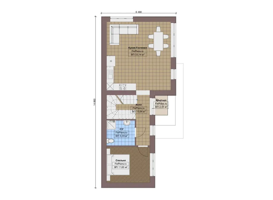 Проект двухэтажного дома 7 на 15, площадью 130 м² с балконом и 4 спальнями — 1-й этаж