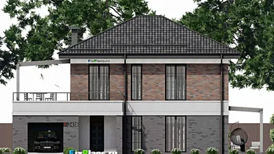 Проект двухэтажного дома 12 на 16, площадью 250 м² с террасой, балконом, гаражом на 1 машину и 4 спальнями — фасад 3