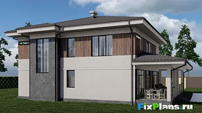 Проект двухэтажного дома 13 на 13, площадью 290 м² с террасой и 3 спальнями — фасад 2