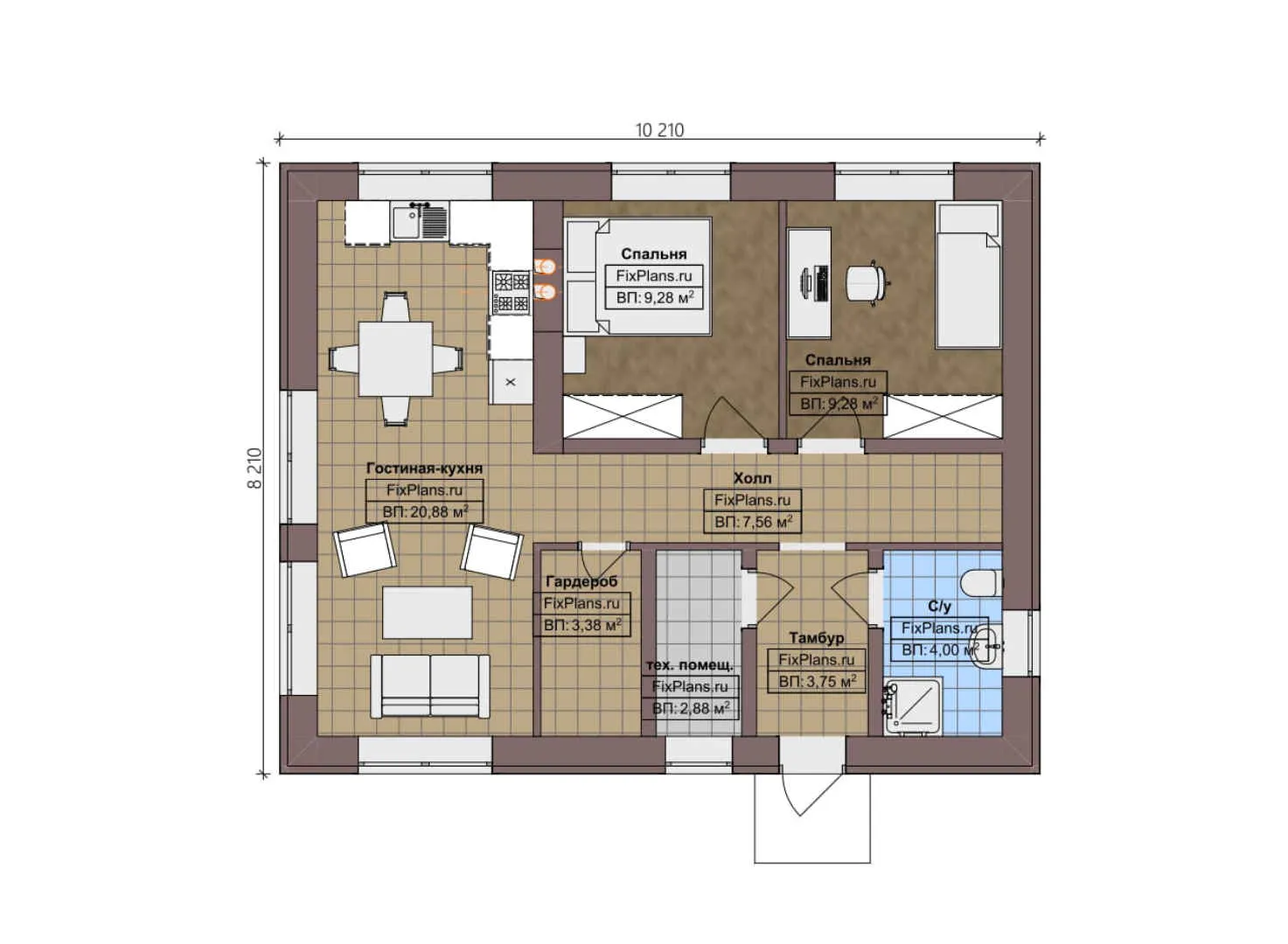 F-3284 - План одноэтажного дома 9 на 11, площадью 70 м² с 2 спальнями