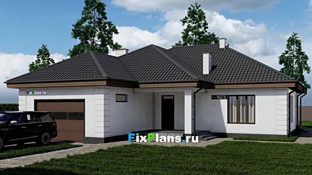 Проект одноэтажного дома 16 на 18, площадью 190 м² с террасой, гаражом на 1 машину и 3 спальнями