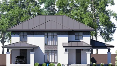 Проект двухэтажного дома 21 на 22, площадью 350 м² с террасой и 4 спальнями — фасад 3